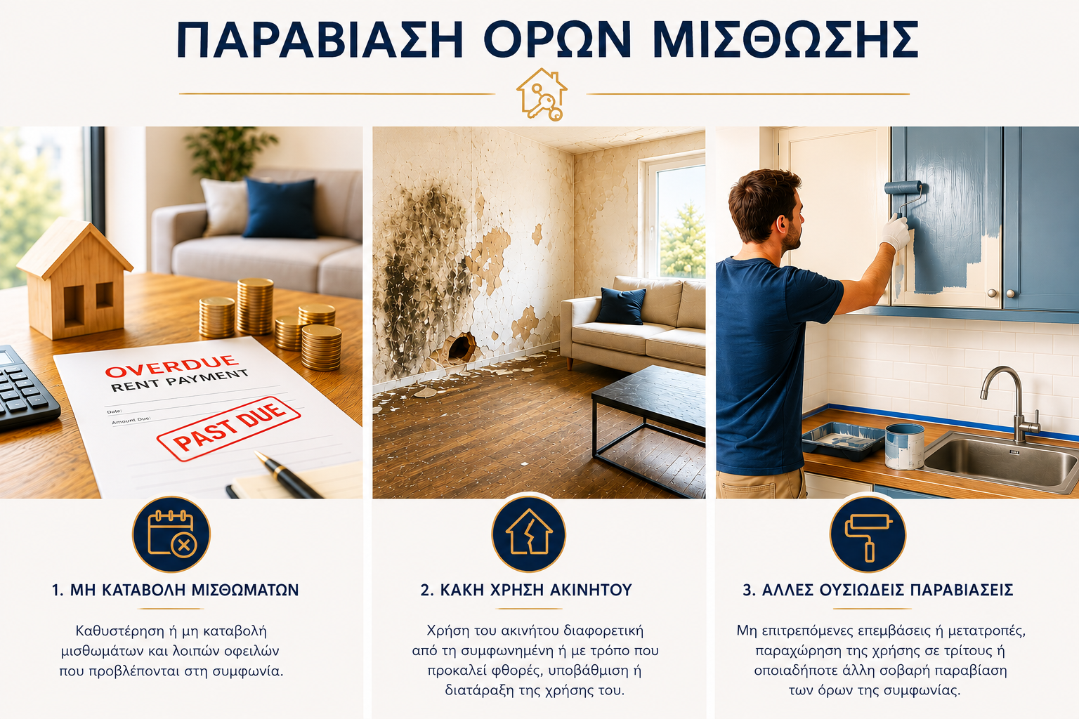 Infographic: Παραβίαση όρων μίσθωσης - μη καταβολή μισθώματος, αλλαγή χρήσης, αυθαίρετες επεμβάσεις