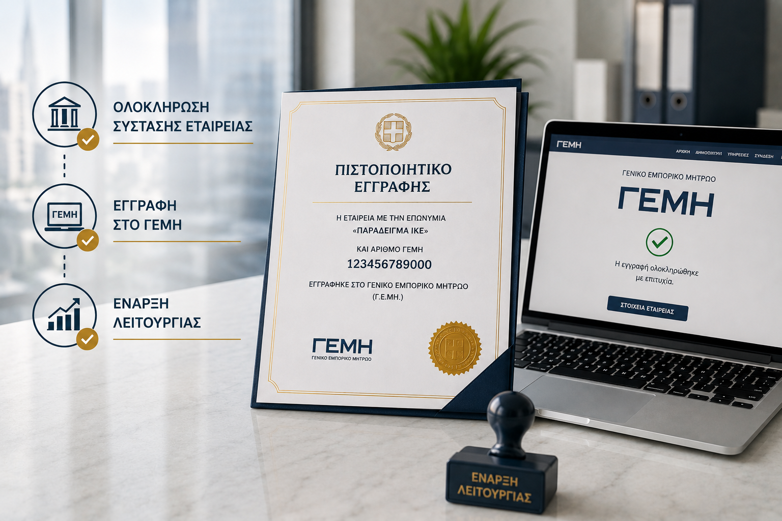 Πιστοποιητικό εγγραφής στο Γενικό Εμπορικό Μητρώο (ΓΕΜΗ) και έναρξη λειτουργίας εταιρείας