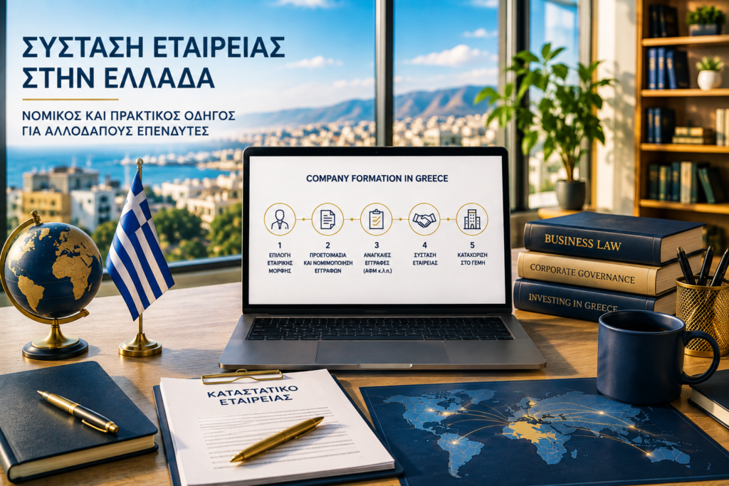 Σύσταση εταιρείας στην Ελλάδα: νομικά έγγραφα, κλίμακα δικαιοσύνης και σημαία ΕΕ