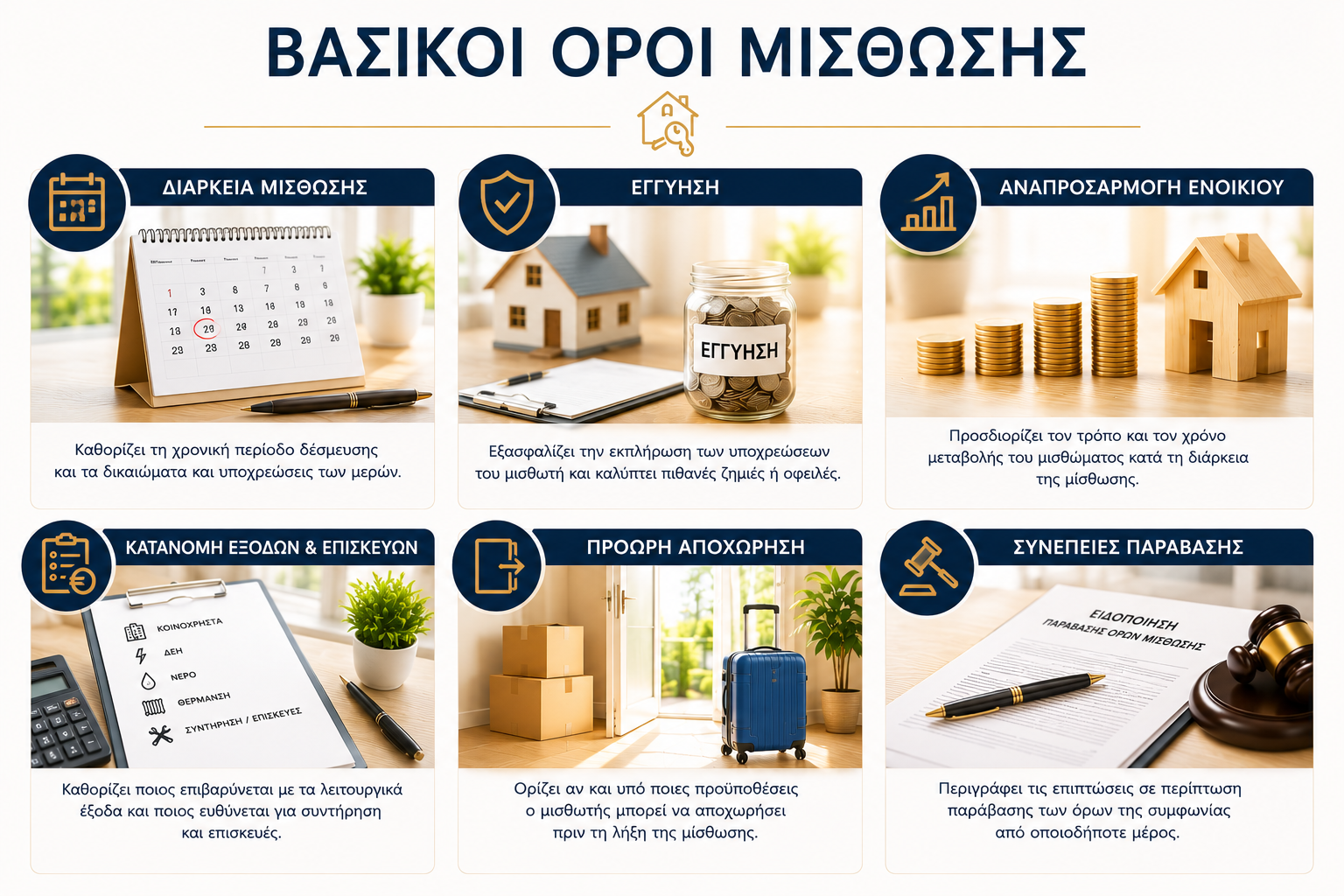 Infographic: Βασικοί όροι μίσθωσης - διάρκεια, εγγύηση, μίσθωμα, επισκευές, καταγγελία, παράδοση