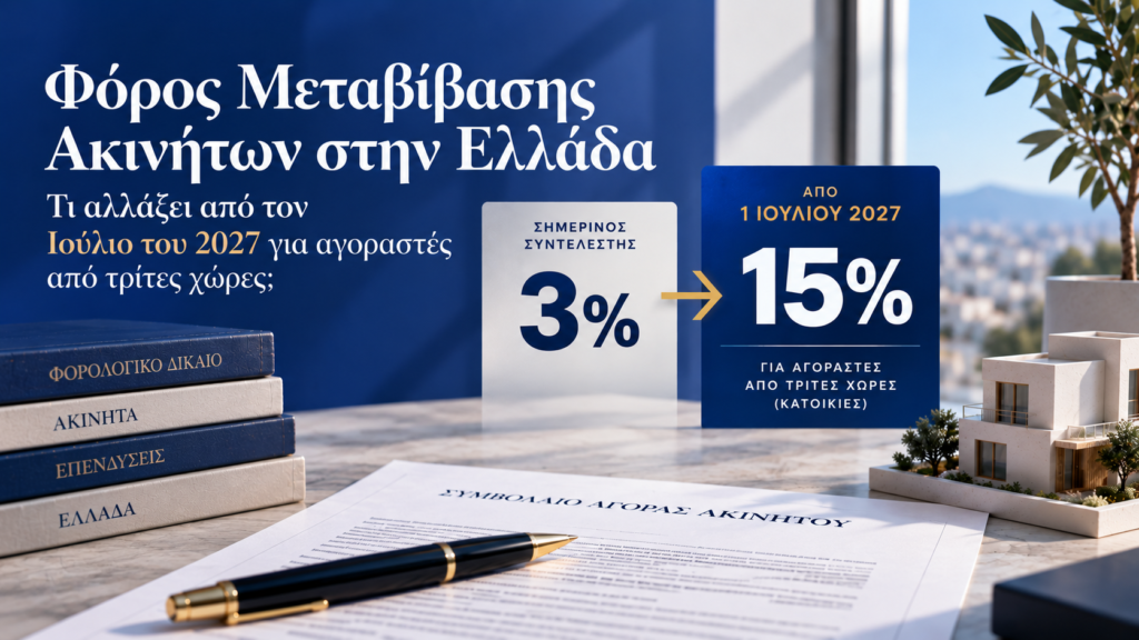 Φόρος μεταβίβασης ακινήτων στην Ελλάδα: αλλαγή από 3% σε 15% για αγοραστές από τρίτες χώρες από Ιούλιο 2027