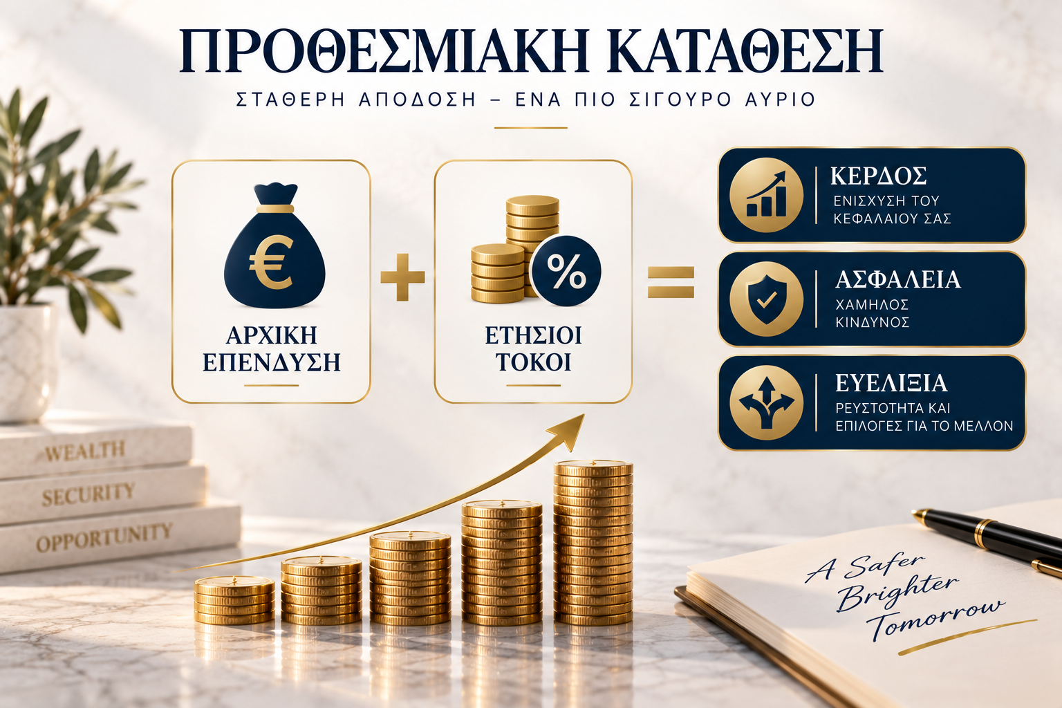 Προθεσμιακή κατάθεση: αρχική επένδυση + ετήσιοι τόκοι = κέρδος, ασφάλεια, ευελιξία