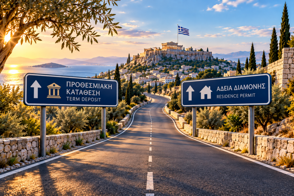 Δρόμος με πινακίδες Προθεσμιακή Κατάθεση και Άδεια Διαμονής – Golden Visa Ελλάδα