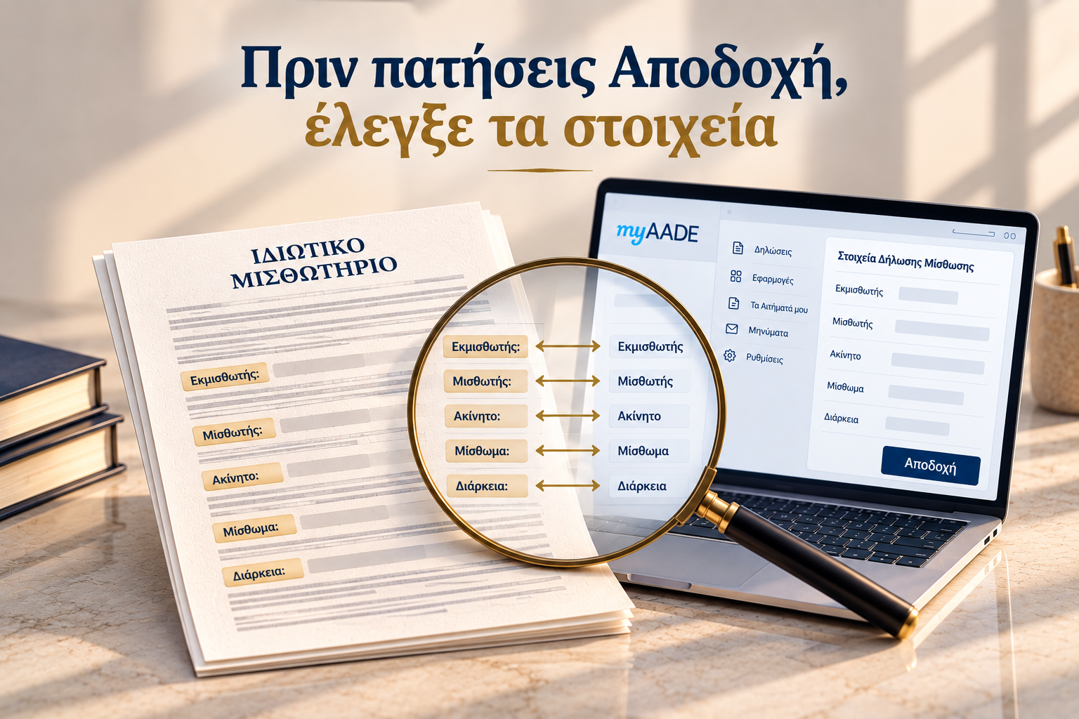 Πριν πατήσεις Αποδοχή στο myAADE, έλεγξε ότι τα στοιχεία συμφωνούν με το ιδιωτικό μισθωτήριο