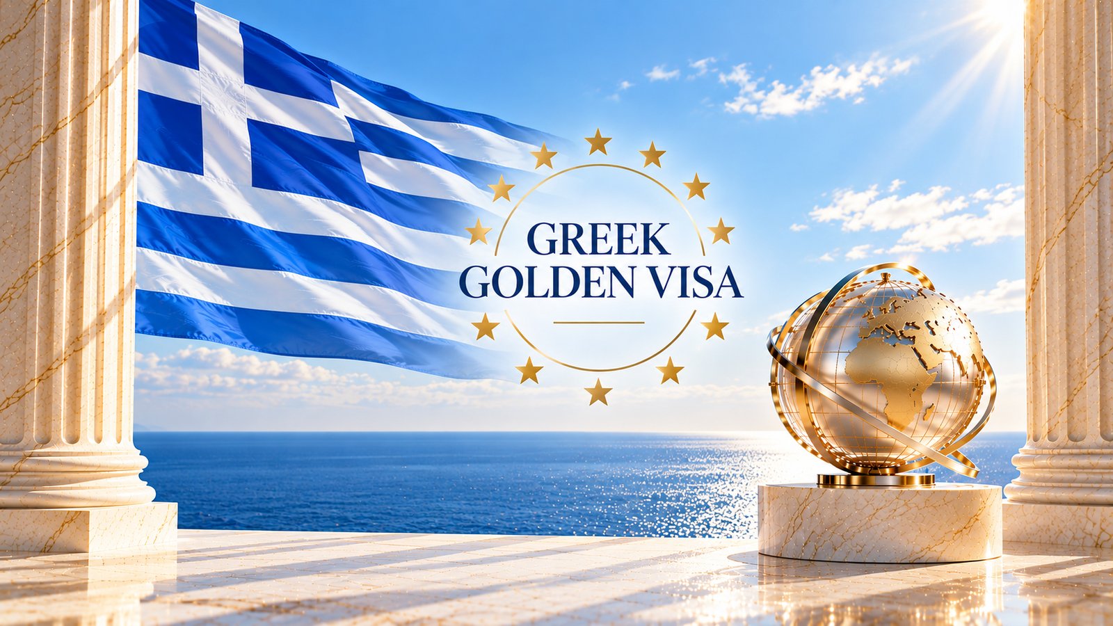 Greek Golden Visa – Greek flag, golden globe and Mediterranean Sea